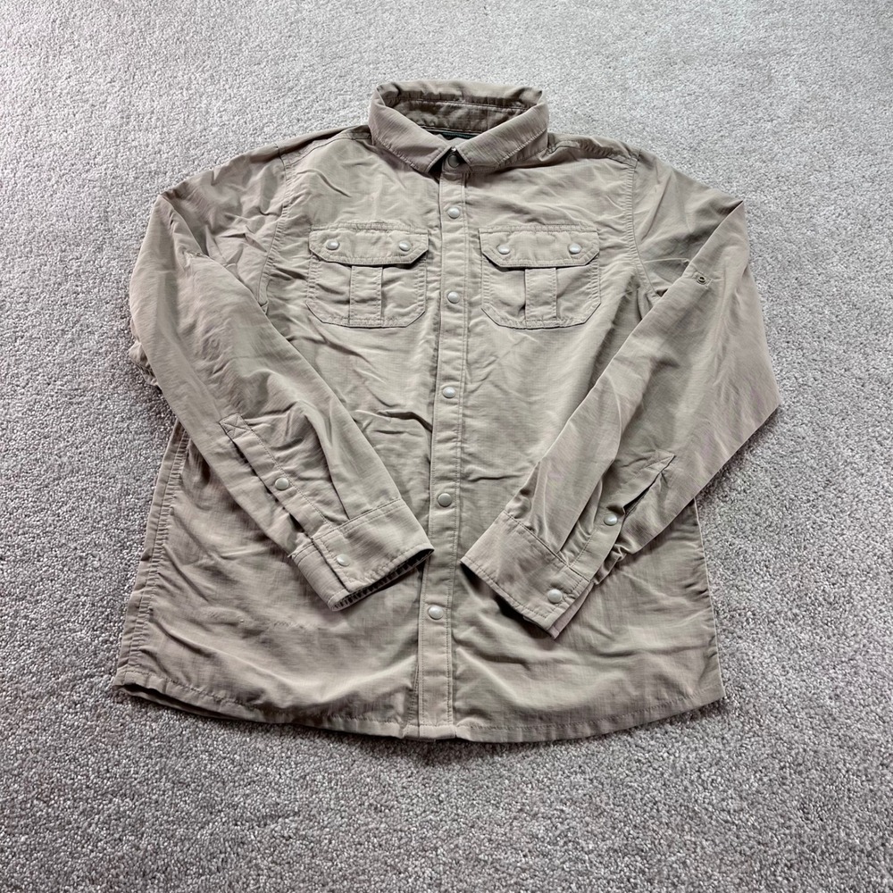 REI Co-op Button Down Shirt Kids L 14-16 Tan Khaki Nylon Ripstop Hiking Outdoor